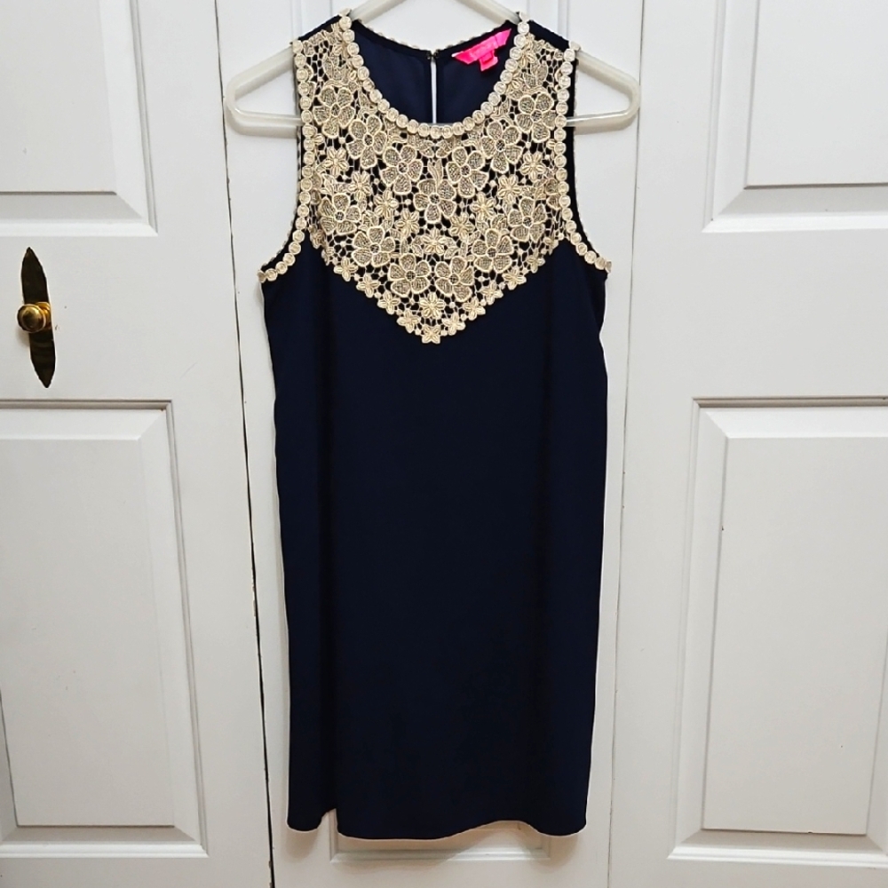 Lilly Pulitzer Nala Soft Sleeveless Shift Dress Gold Navy Women's/ 4